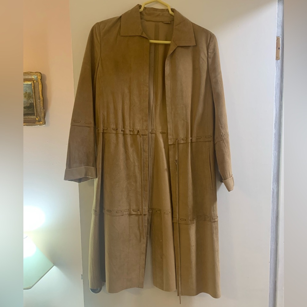 1970s Vintage Tan Suede Leather Trench Coat Jacket Mod Small Medium